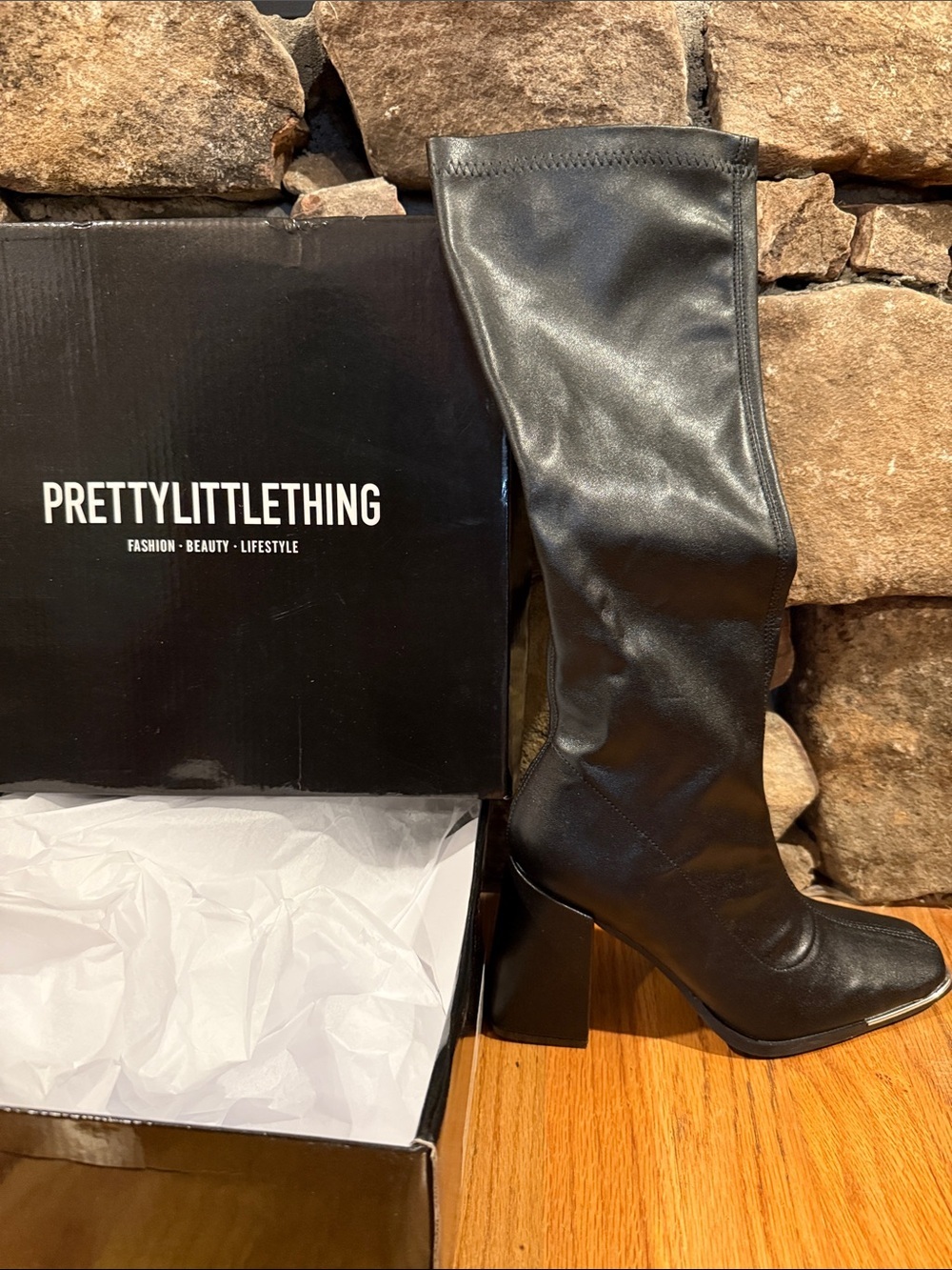 PRETTYLITTLETHING Black Over-The-Knee Block Heel Boots